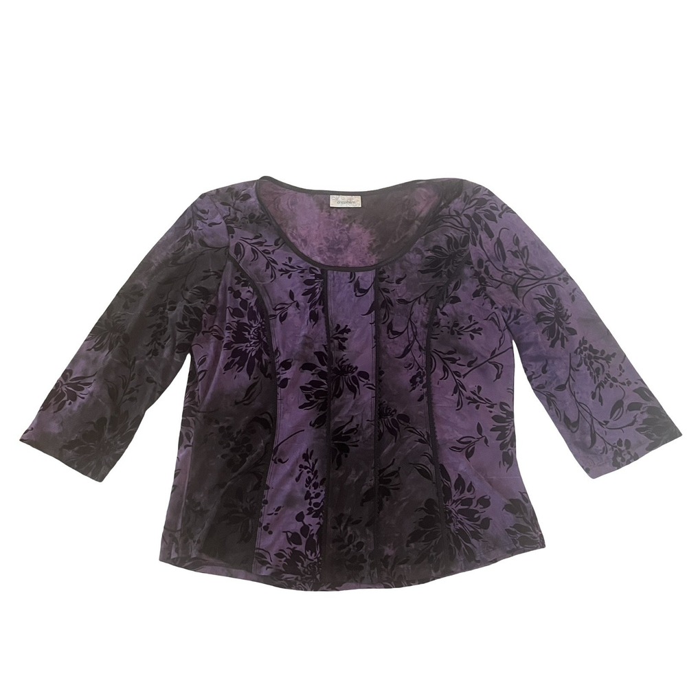 VTG Dressbarn Women's Size XL Velvet Burnout Purple Black Blouse Top 3/4 Sleeve